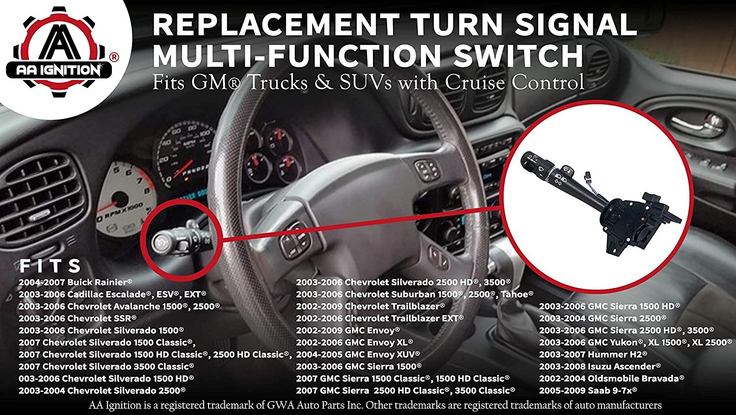 Turn Signal Multi-Function Switch - Replaces 12450067, D6299A, 2330856 - Compatible with Chevy, GMC, Cadillac Vehicles - Trailblazer, Silverado, Suburban, Avalanche, Yukon, XL, Tahoe, Sierra, Envoy