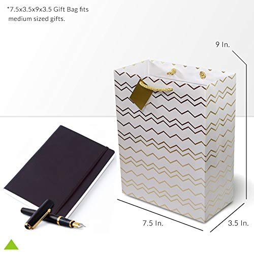 Gold Gift Bags - 12 Pack Medium, 7.5x3.5x9 Inch, Metallic Chevron, Polka Dot, & Stripe Prints, Free Shipping