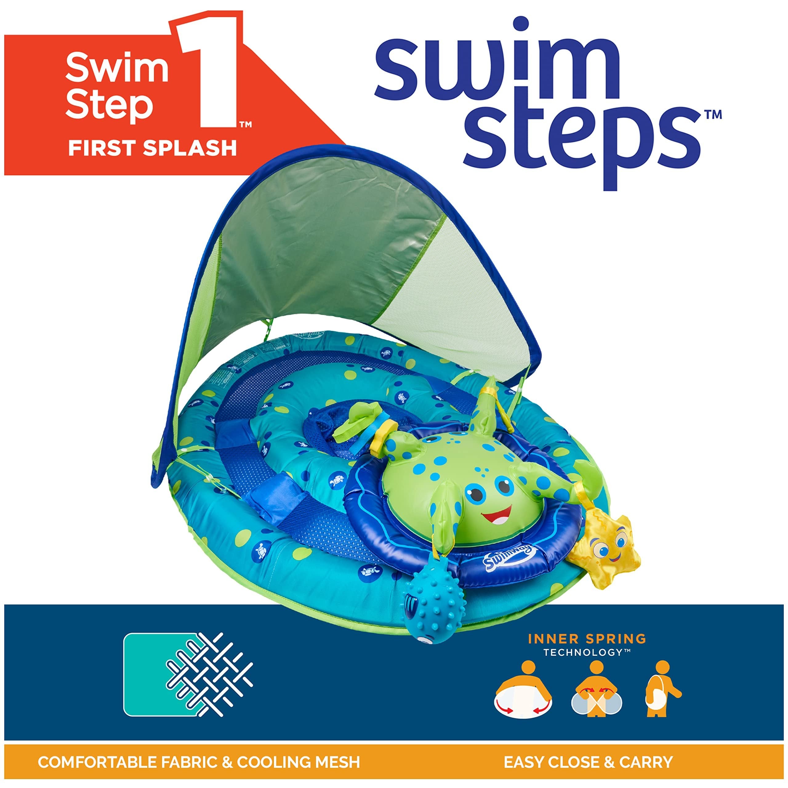 SwimWays Baby Spring Float Activity Center with Adjustable Canopy and UPF Sun Protection, Green Octopus