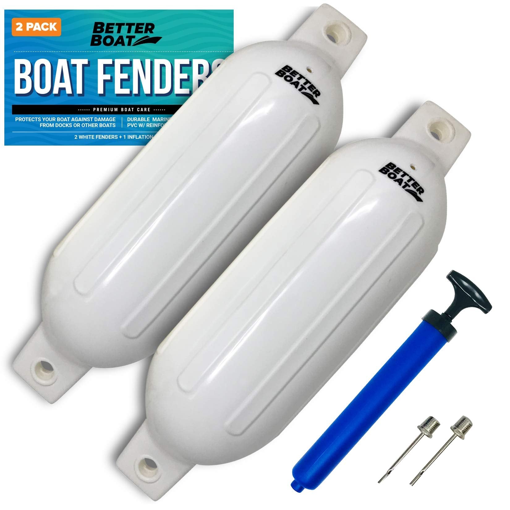 2-Pack 23 x 6.5 Inflatable Boat Fenders - White - Free Pump - Marine Dock Bumpers