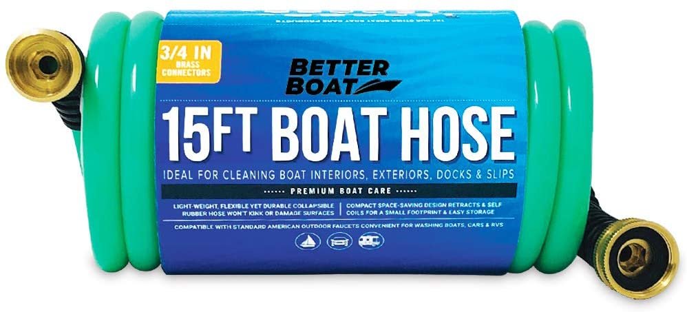 15FT Coiled Boat Hose | Green Expandable Water Hose w/ 3/4 inch Connectors - Perfect for RV, Garden, Marine Grade - Self Recoiling