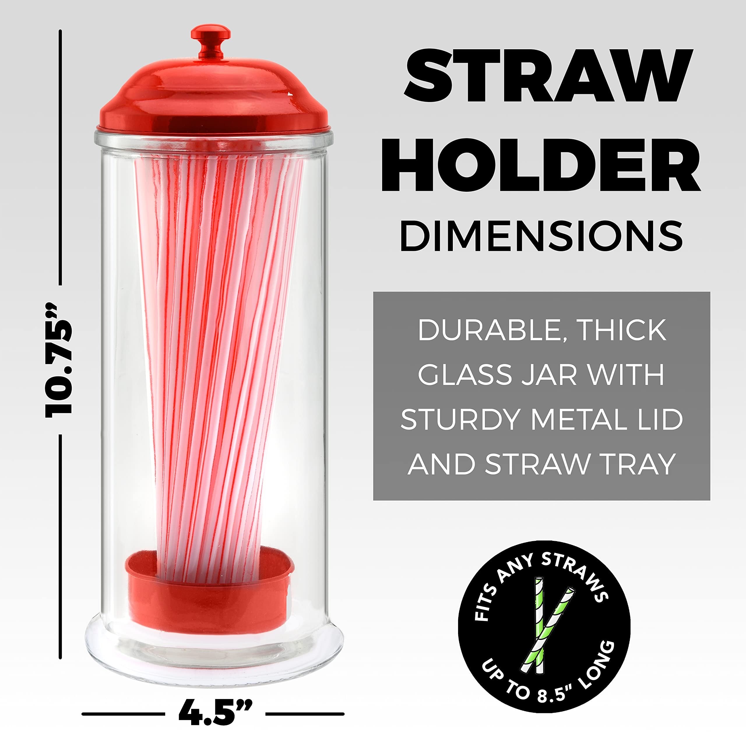 GADGETWIZ Red Glass Straw Dispenser w/ Stainless Steel Lid | Holds Straws up to 8.5 | Free Shipping & Returns"