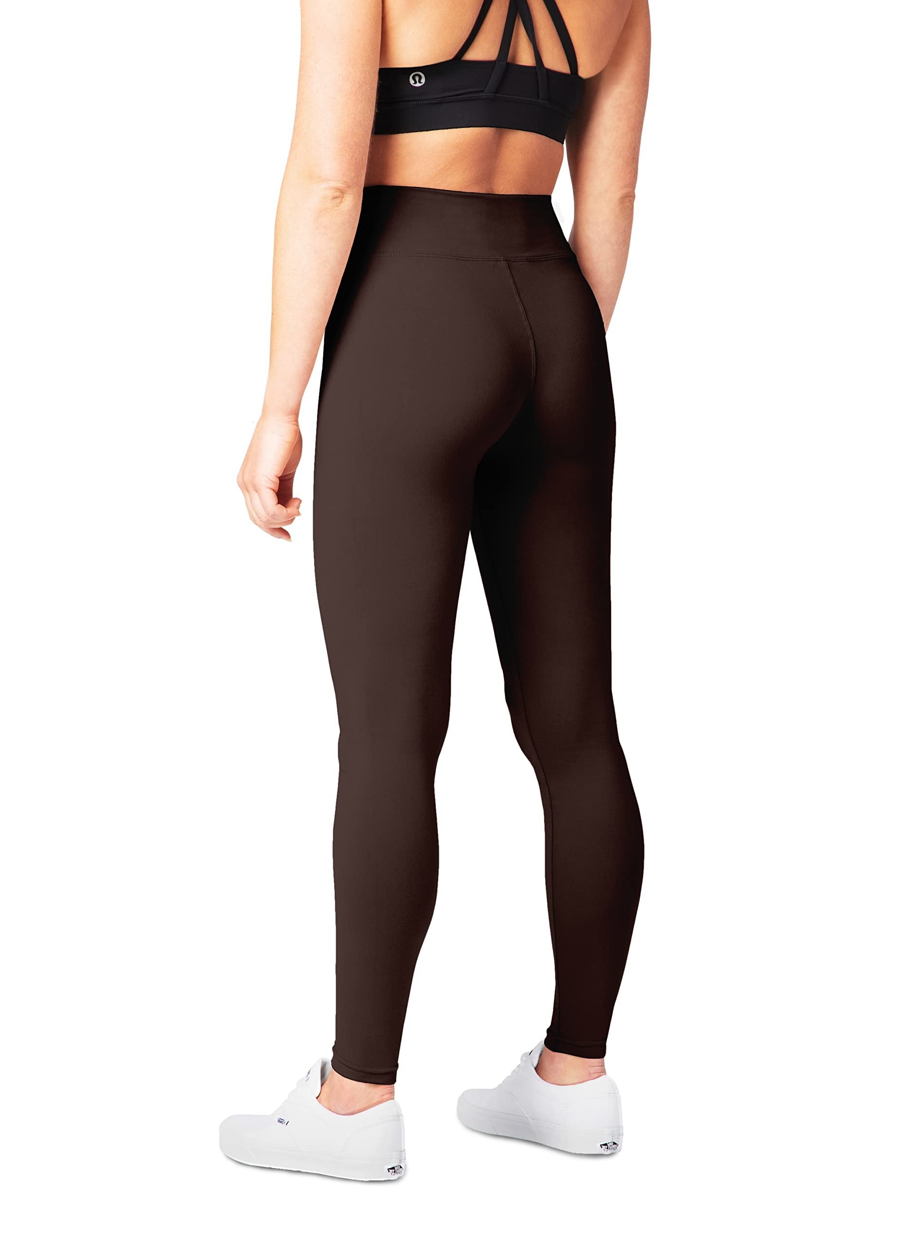 Brown Satina High Waisted Yoga Leggings, 3 Waistband, One Size, Workout & Plus Size Women