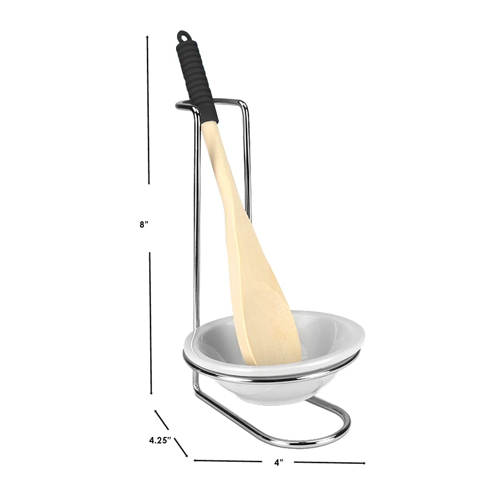 Home Basics Standing Spoon Rest with Ceramic Tray and Wooden Spoon, Spatula, Ladle Rest for Kitchen Countertops, Stove, Chrome  - Like New