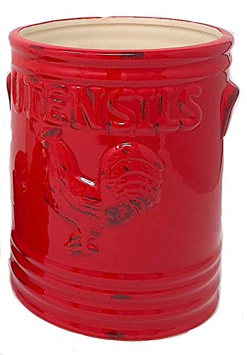 Home Essentials Rooster 7" H Utensil Crock Red W/Embossed Handles  - Like New