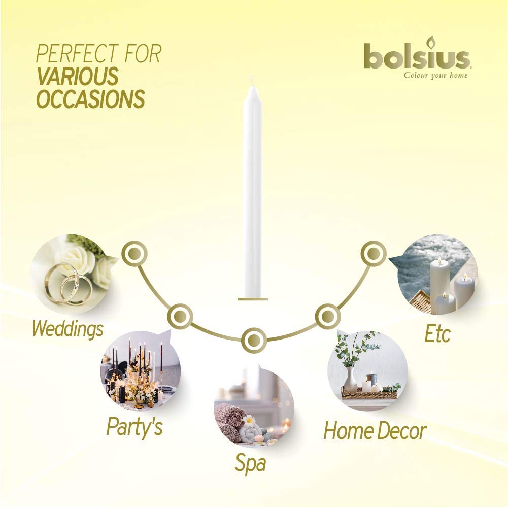 BOLSIUS White Candles 10 Pack - 9 Inch Straight Taper Candle Set - 8 Hour Candlesticks - Fits Most Standard Candle Holders - Premium European Quality - Household, Dinner, Wedding, & Party Candlesticks  - Like New