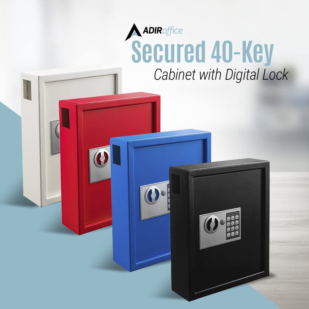 AdirOffice Secured 40-Key Cabinet with Digital Lock - Wall Mount Slim Key Storage Box - Space Saving Steel Box with Programmable Electronic Lock Use in Car Repair Shops Hotels Valet Services and More  - Very Good