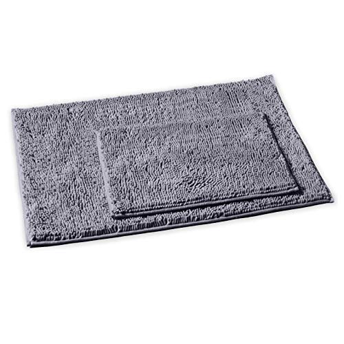 LuxUrux Bathroom Rugs 2 Piece Set�Extra-Soft Plush Bath mat Shower Bathroom Rugs,1'' Chenille Microfiber Material, Super Absorbent, Dark Gray  - Like New
