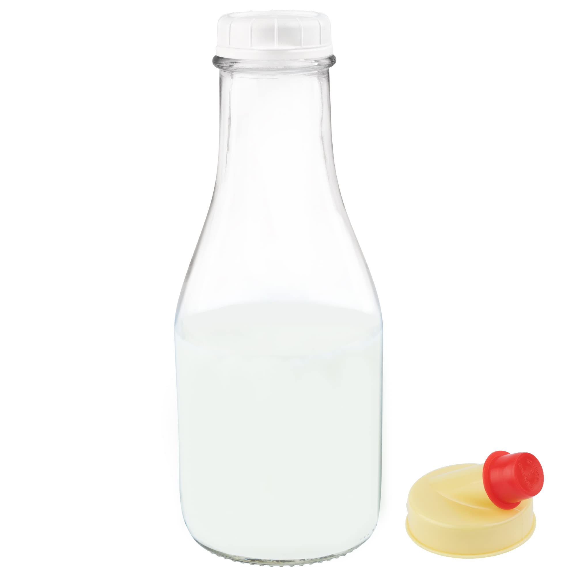 Kitchentoolz 32 Oz Round Glass Milk Jugs with Caps - Perfect Milk Container for Refrigerator - 32 Ounce Round Glass Milk Bottle with Tamper Proof Lid and Pour Spout  - Like New