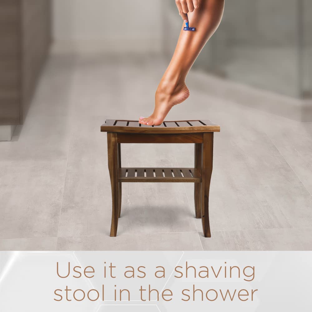 Slimry Design Teak Shower Bench - Solid and Water -Resistant Teak Bench with Storage Shelf Easy to Use Bath Stool with Non-Slip Pads -Assembly Required (Small)  - Very Good