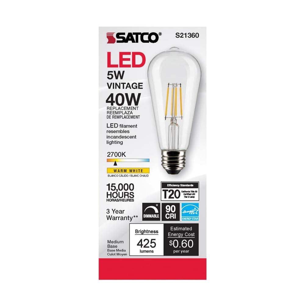 Satco 6Pk 5w ST19 LED 2700K Medium Base Dimmable - 40w equiv  - Like New