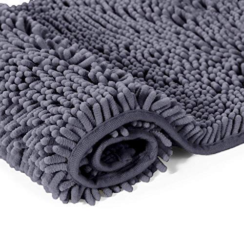 LuxUrux Bathroom Rugs 2 Piece Set�Extra-Soft Plush Bath mat Shower Bathroom Rugs,1'' Chenille Microfiber Material, Super Absorbent, Dark Gray  - Like New