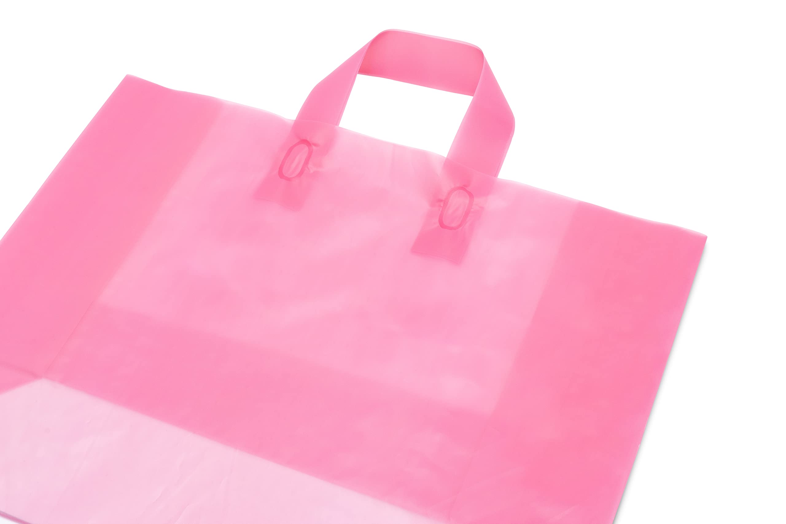 Pink Gift Bags - 100 Pack Large Clear Frosted Rose Plastic Plastic Bags with Handles & Cardboard Bottom, Shopping Bags for Small Business, Boutique, Retail, Merchandise, Take Out Bags, Bulk - 16x6x12
