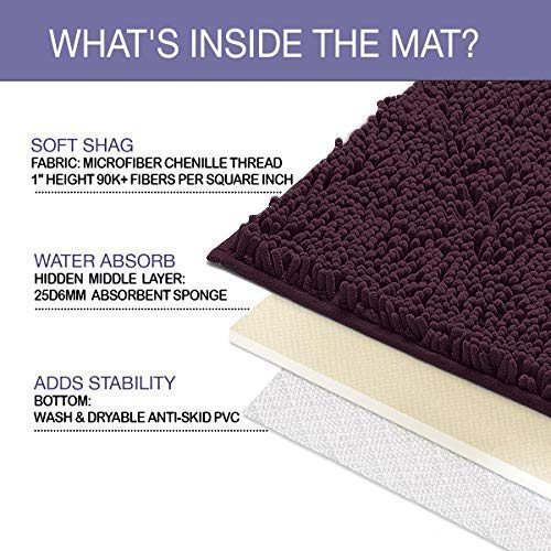 Luxurious Plum Bath Mat Set: 2-Piece Chenille Rugs with Soft Plushness, Anti-Slip Design, U-Shaped Toilet Mat. 1'' Microfiber Shaggy Carpet. Machine Washable, Curved Set Square  - Like New