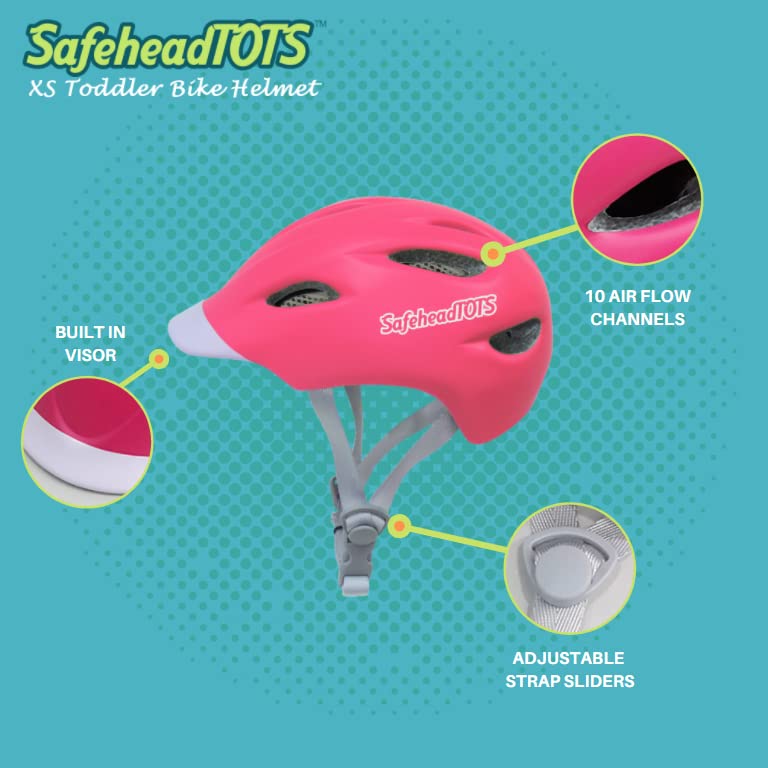 SafeheadTOTS : Adjustable Toddler Bike Helmet, XS Ages 2-4 Years, for Boys and Girls, with Built in Visor and Removable, Washable Inner Lining, Perfect for Cycling, Scooters, and Skateboards