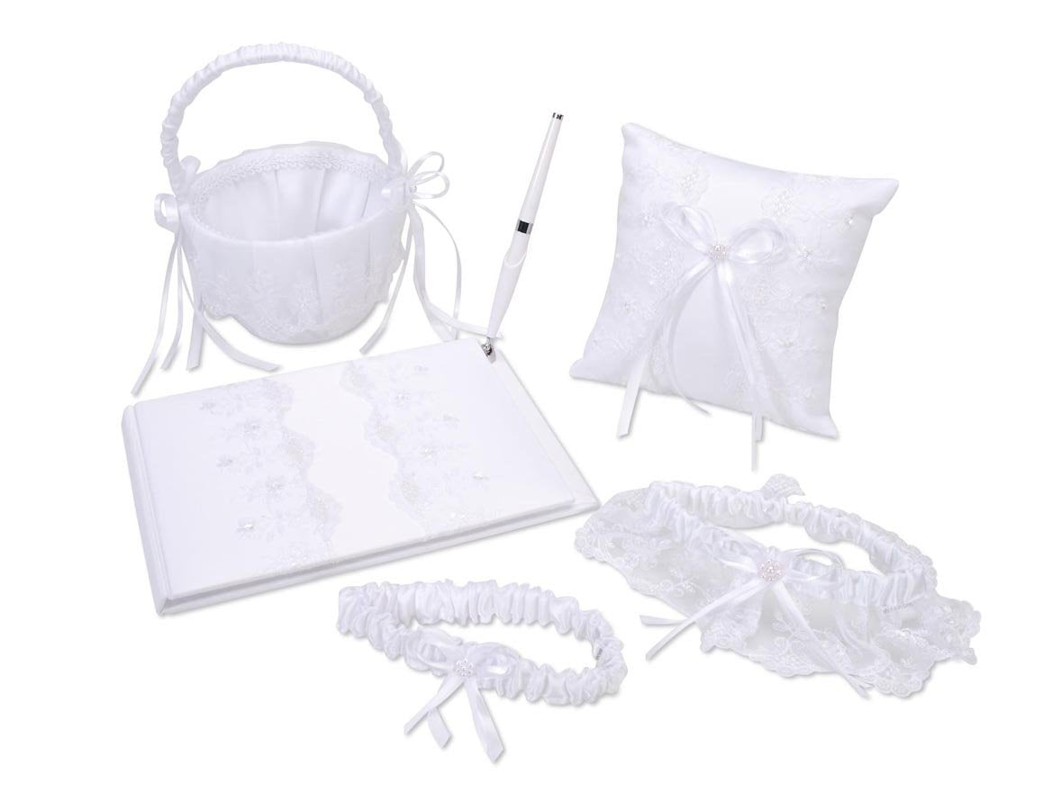 Darice VL440W, Garter Book with Pen Pillow Basket, 2-Garter Lace, 5-Piece, ST White