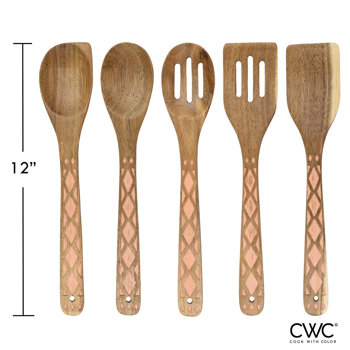 Country Kitchen 5 Piece Nonstick Utensil Set Acacia Wooden Kitchen Tools for Serving and Healthy Cooking with Inlay Design  - Like New