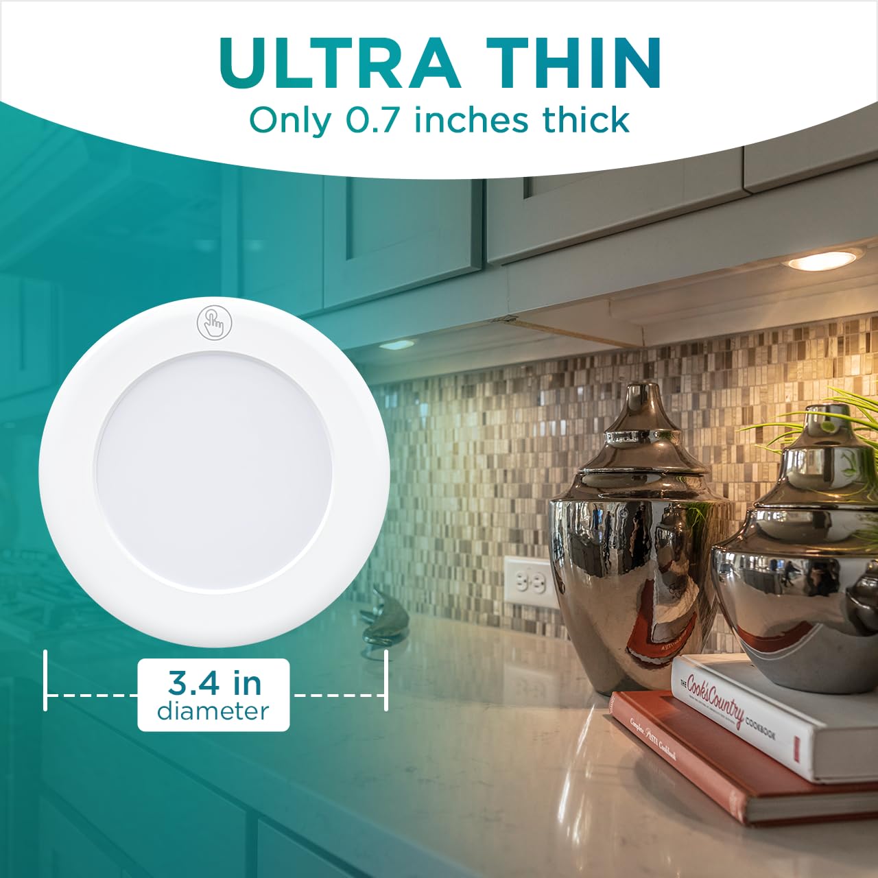 Brilliant Evolution Ultra Thin Wireless LED Puck Light | LED Under Cabinet Lighting | Closet Light | Battery Powered Lights | Under Counter Lighting | Stick On Tap Lights  - Like New