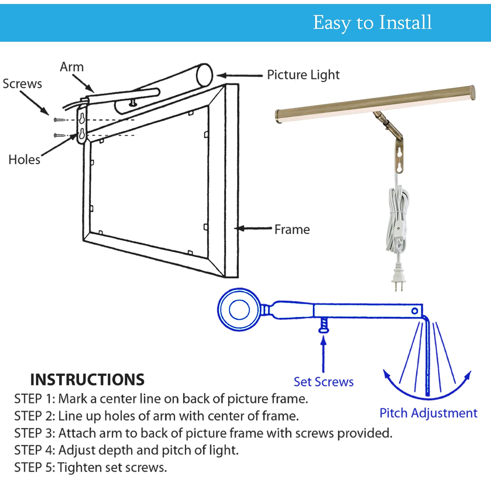 Ciata Picture Light, 14-Inches Picture Frame Light Integrated LED Art Light, 3000K 4 Watt Adjustable Metal Picture Lights for Wall, Artwork Light with in-line On/Off Switch, CRI -90, Antique Brass  - Like New