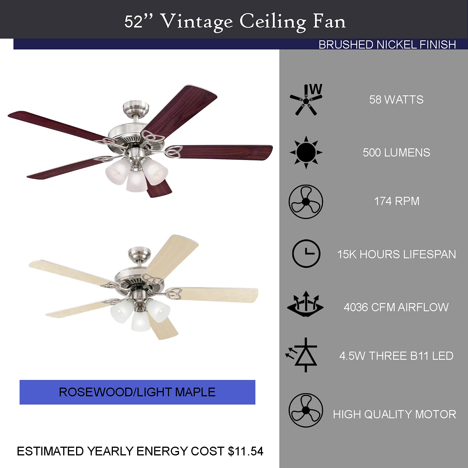 Ciata Lighting 52 Inch Vintage Indoor Ceiling Fan with Dimmable LED Light Fixture and Ribbed Glass with Reversible Blades  - Like New