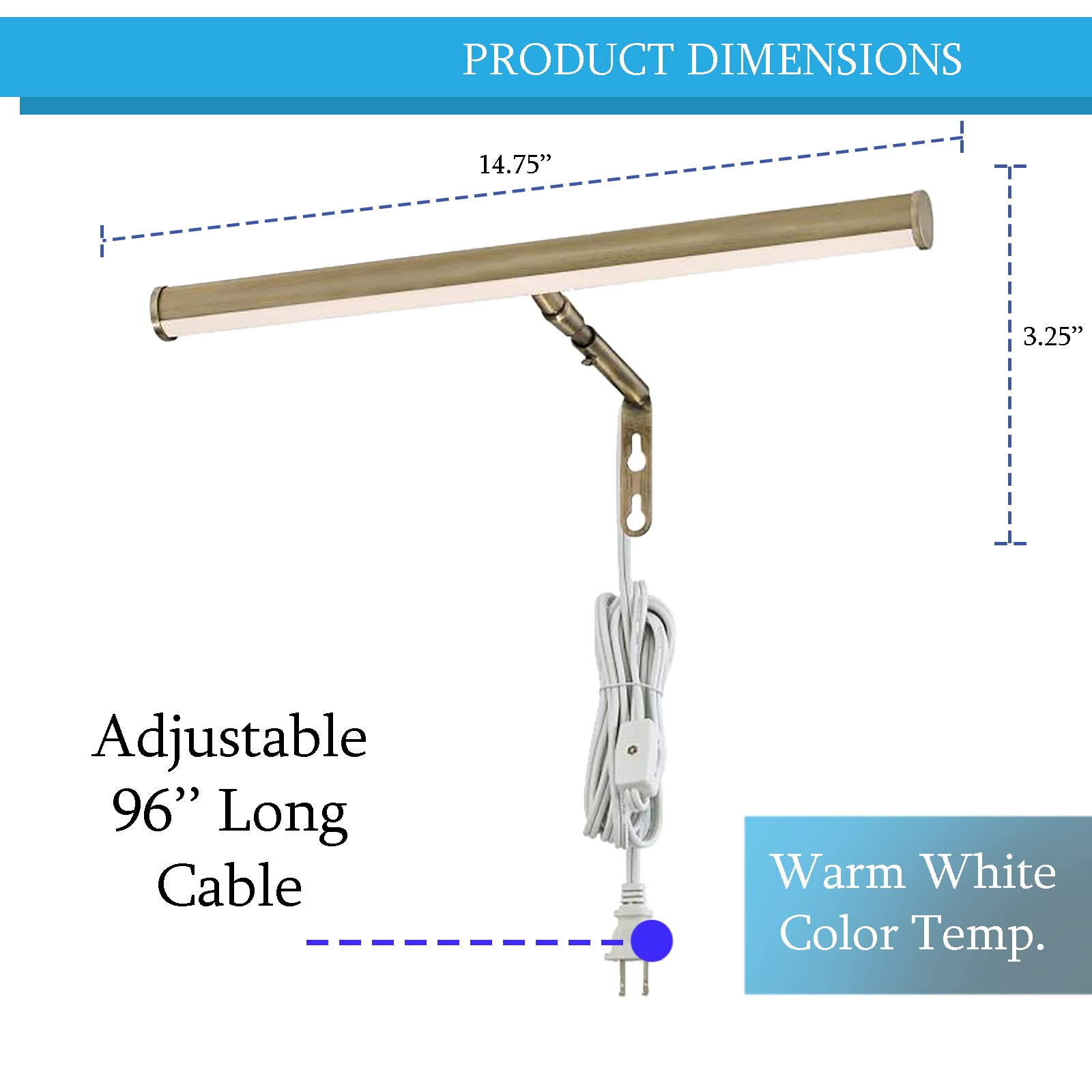 Ciata Picture Light, 14-Inches Picture Frame Light Integrated LED Art Light, 3000K 4 Watt Adjustable Metal Picture Lights for Wall, Artwork Light with in-line On/Off Switch, CRI -90, Antique Brass  - Like New