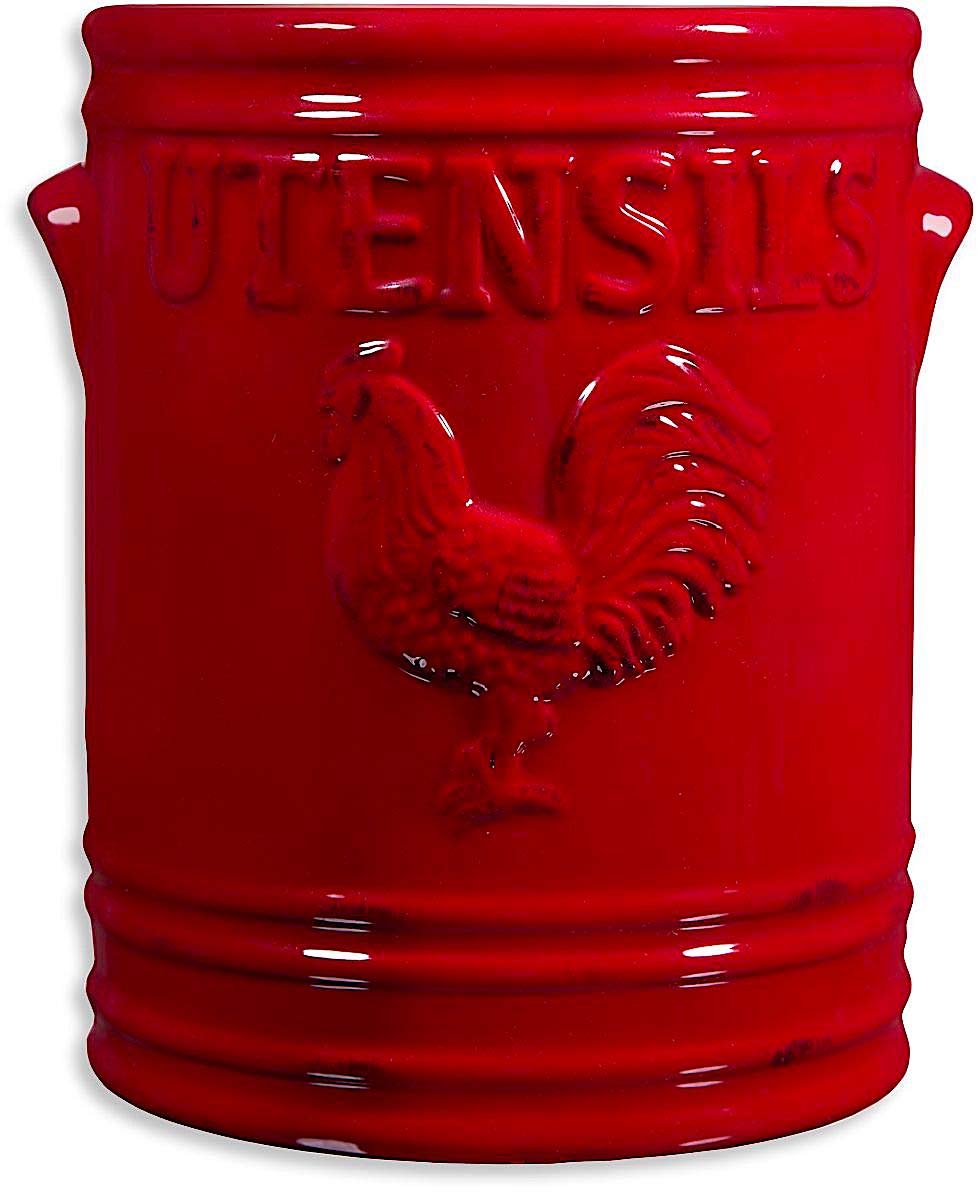 Home Essentials Rooster 7" H Utensil Crock Red W/Embossed Handles  - Like New