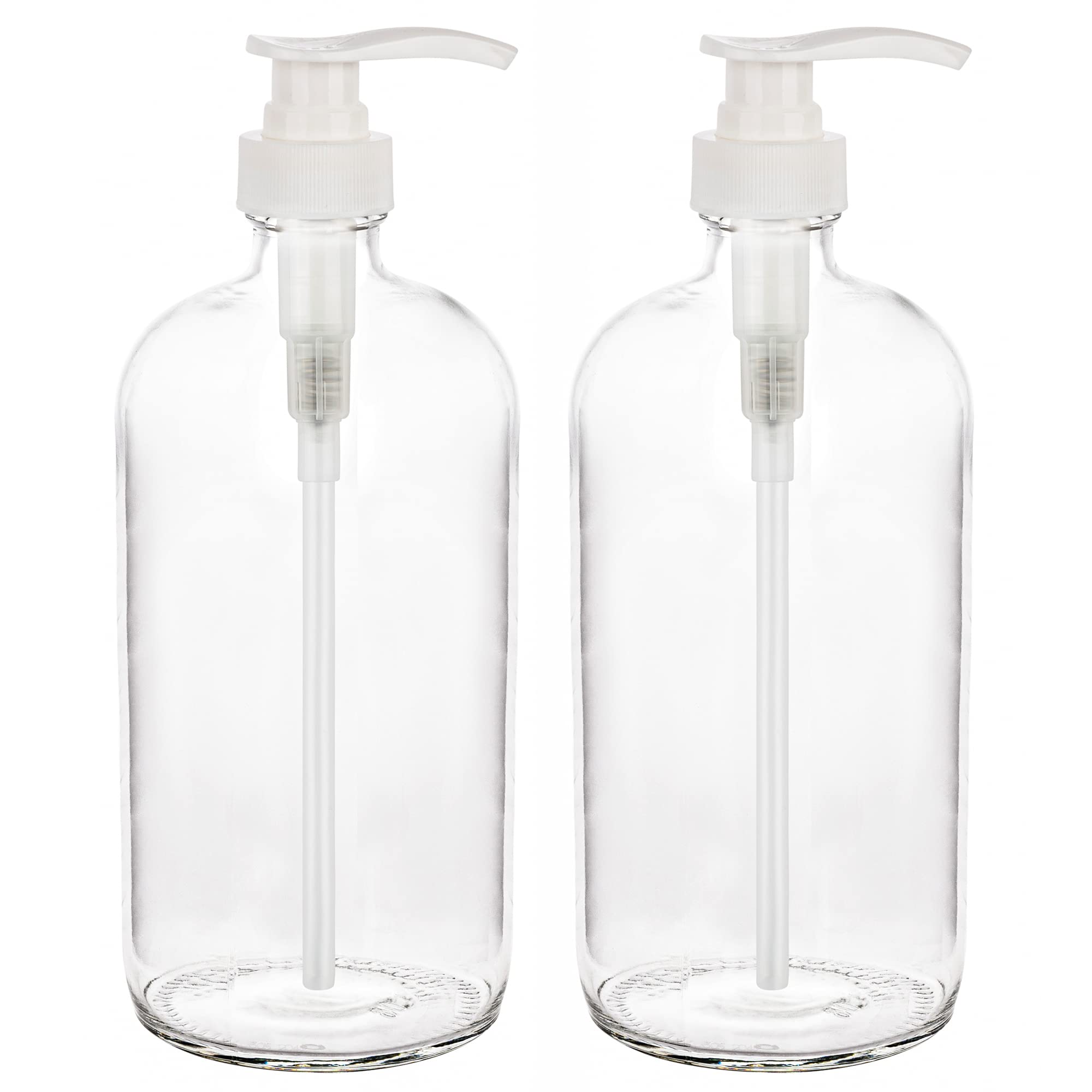 kitchentoolz 32-Ounce Large Clear Glass Boston Round Bottles w/Pumps. Great for Lotions, Soaps, Oils, Sauces - Food Safe and Medical Grade (Pack of 2)  - Like New