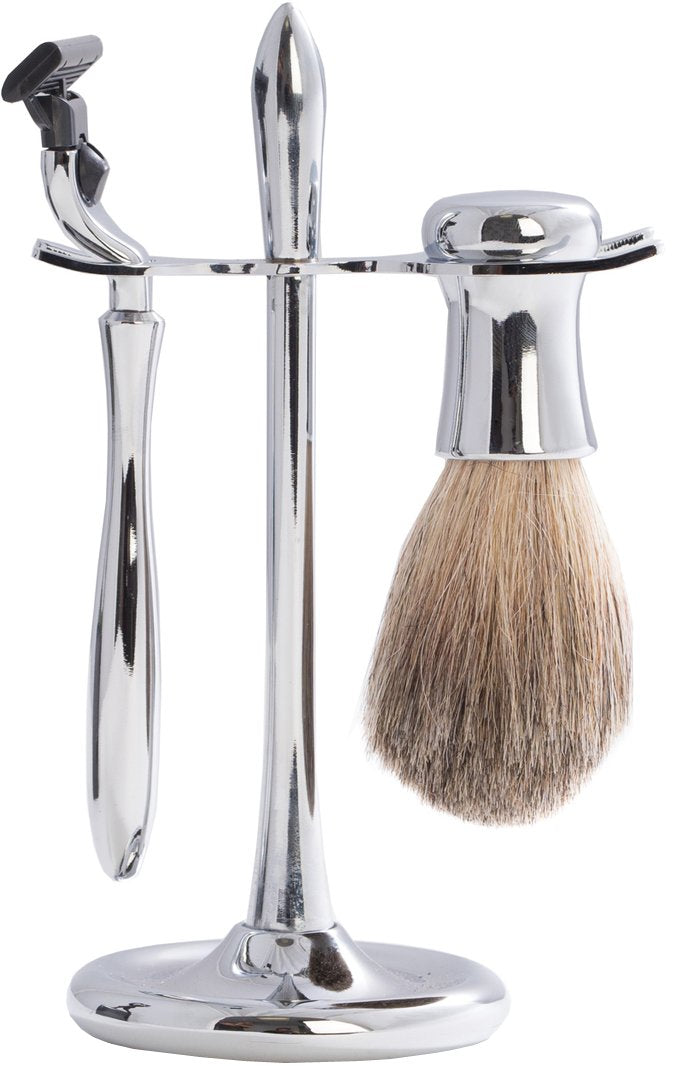 Bey-Berk BB09 Mach 3" Razor & Pure Badger Brush on Chrome Stand, Grey  - Like New