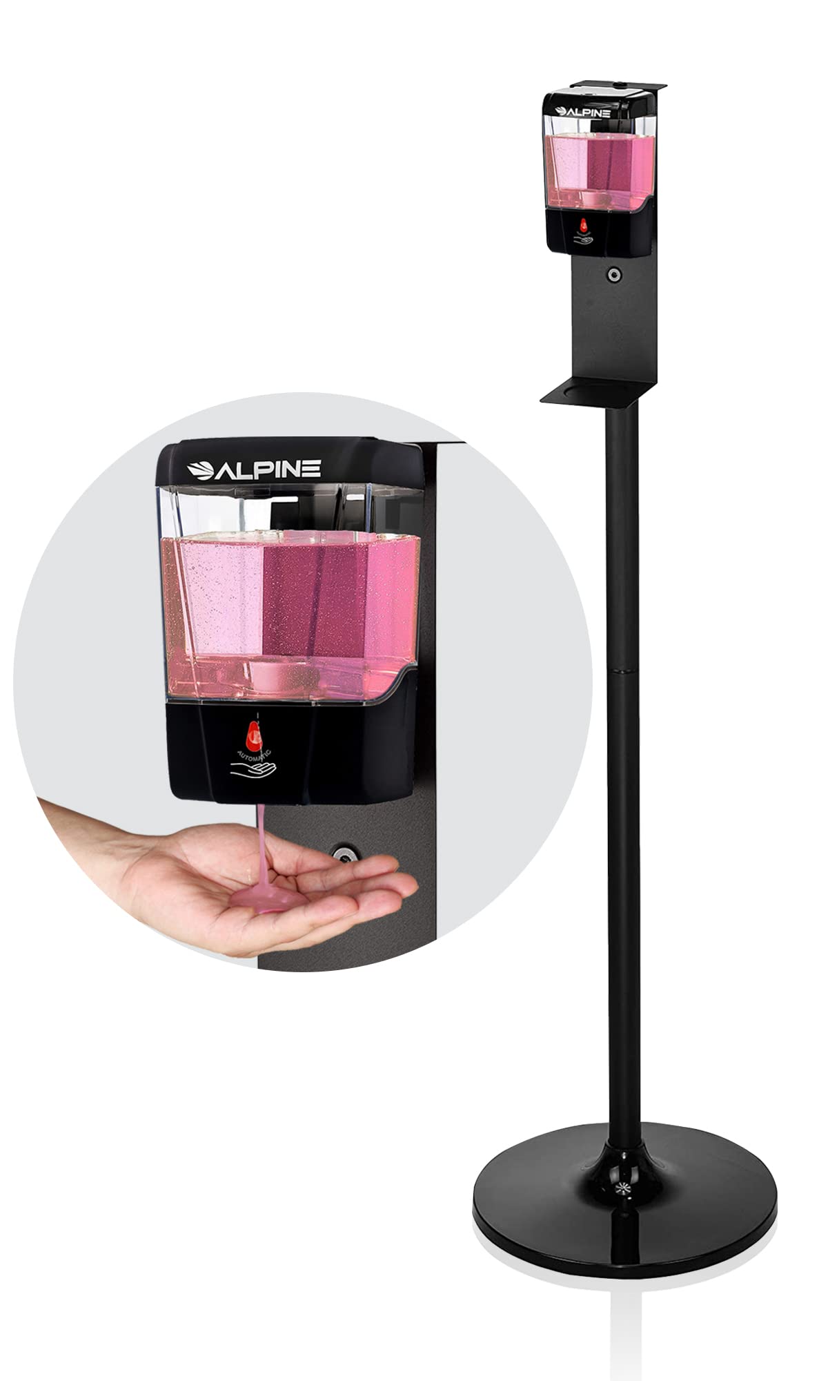 Alpine Industries 700mL Automatic Transparent Gel Hand Sanitizer Dispenser with Stand - Clear Liquid Touchless Soap Dispenser Stand - Commercial Heavy Duty Soap Dispenser - Hygiene Station
