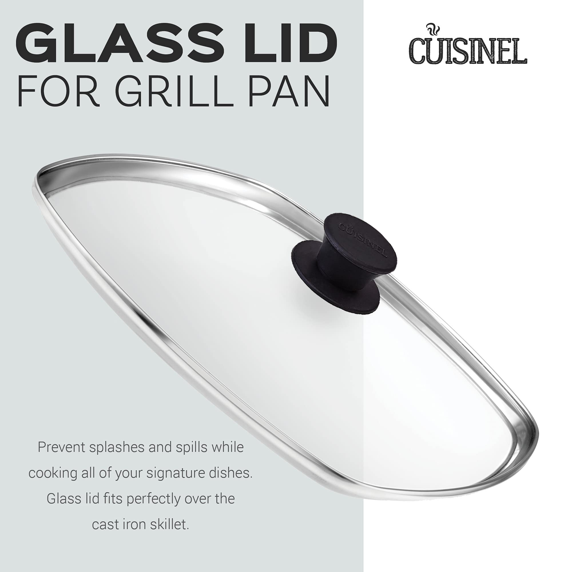 Cuisinel Cast Iron Square Grill Pan + Glass Lid - 10.5" Pre-Seasoned Ridged Skillet + Handle Cover + Pan Scraper - Grill, Stovetop, Fire Safe - Indoor and Outdoor Use - for Grilling, Frying, Sauteing  - Good