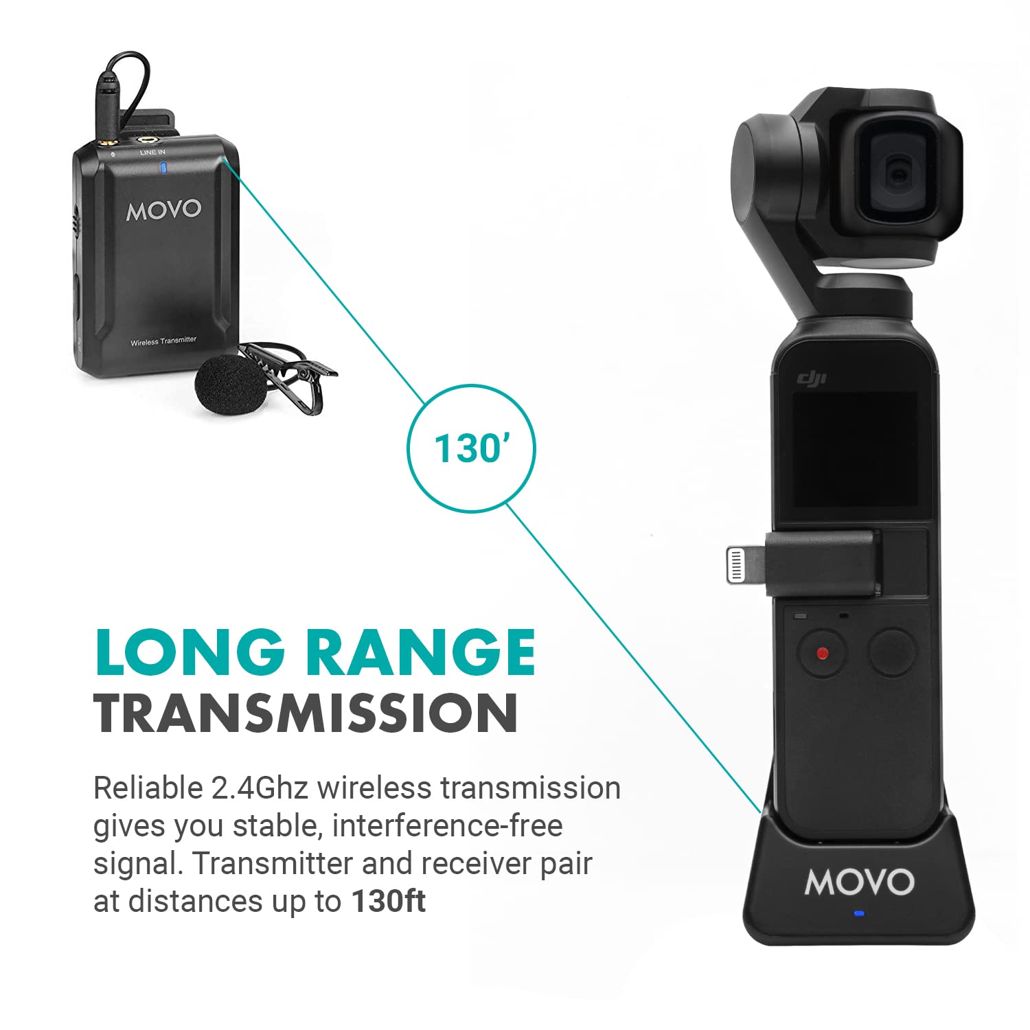 Movo Edge-OP Wireless Lavalier Microphone for Osmo Pocket 1 and 2 - Wireless Clip-on Lapel Mic, Transmitter, and Receiver Set for Video, Vlogging, Filming  - Like New