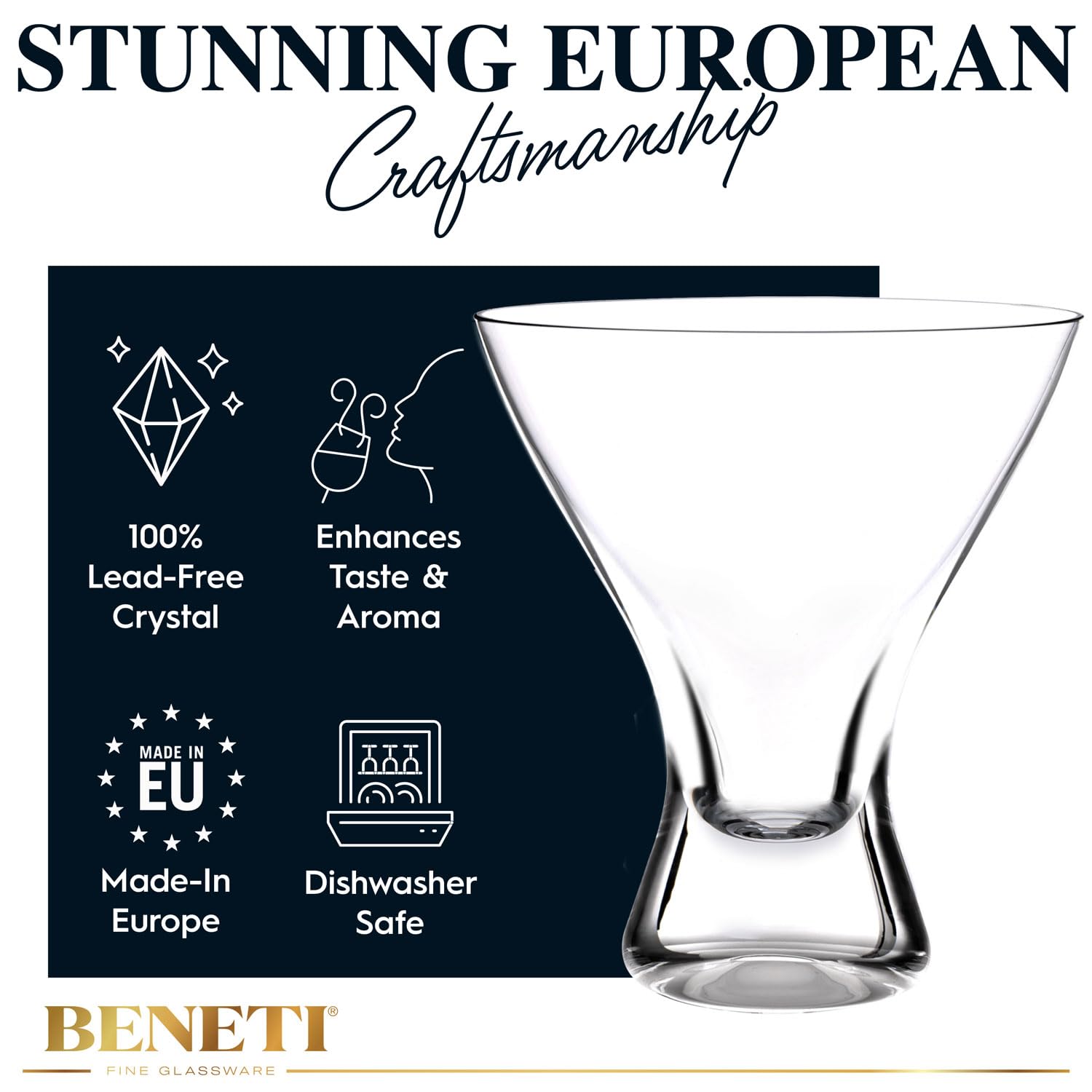 BENETI Martini Glasses | Made In Europe | Stemless Cocktail Bar Glasses Set for Parties  - Like New