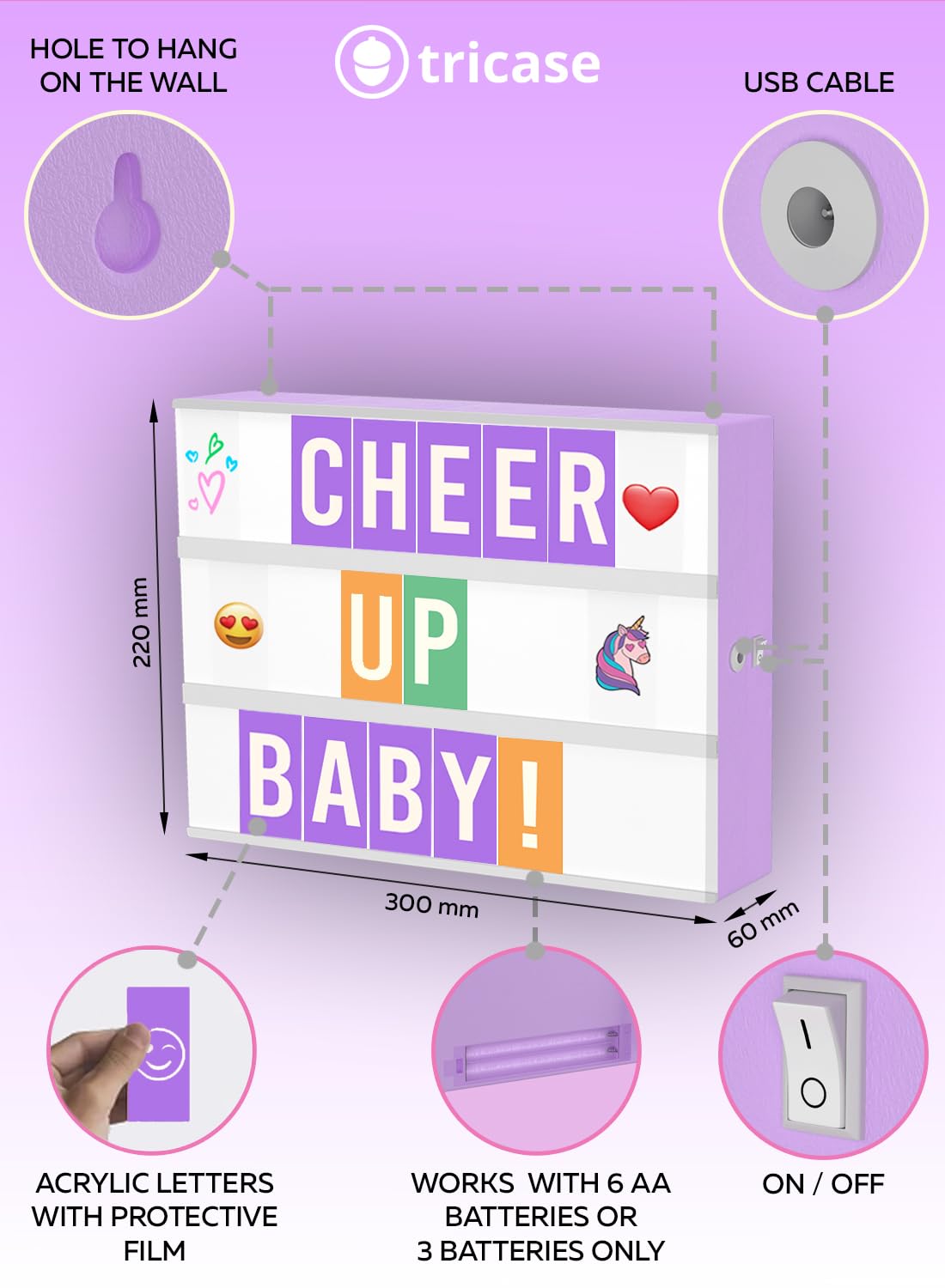 Purple Cinema Light Box with 312 Letters, Emojis & 3 Markers - Led Light Box sign for Home & Purple Bedroom Decor for Girls - Light Up Letter Board - Best Gift Idea for Girls on Christmas or Birthday  - Like New