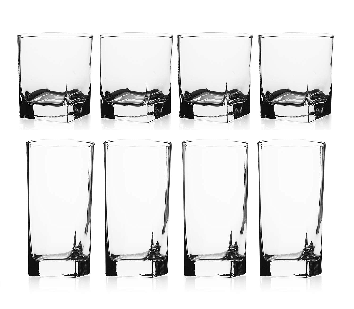 Drinking Glasses, Set of 8 - By Home Essentials and Beyond - 4 Highball Glasses (16 OZ) And 4 Rocks Glasses (10 OZ) Heavy Square Base Glass Cups for Water, Juice, Beer, Wine, And Cocktails.  - Like New