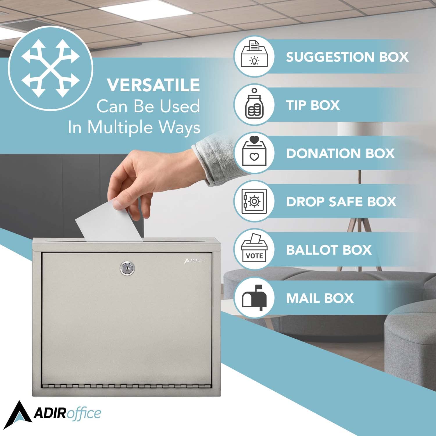 AdirOffice Multi Purpose Mail Box with Lock - Heavy Duty Drop Box - Commercial Suggestion Box -Wall Mountable Safe and Secure Ballot Box Variation  - Good