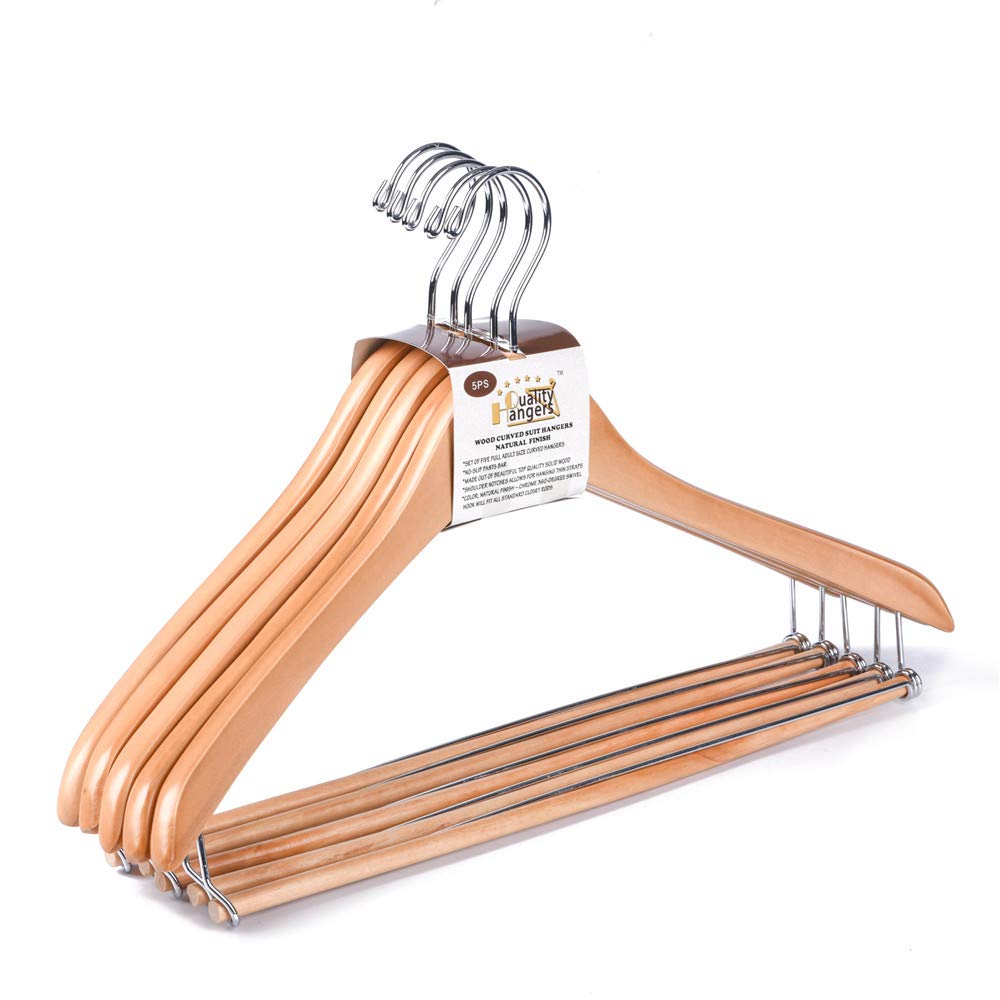 Quality Hangers 100 Pack Wooden Hangers Beautiful Sturdy Suit Coat Hangers with Locking Bar Glossy Natural Wood  - Good