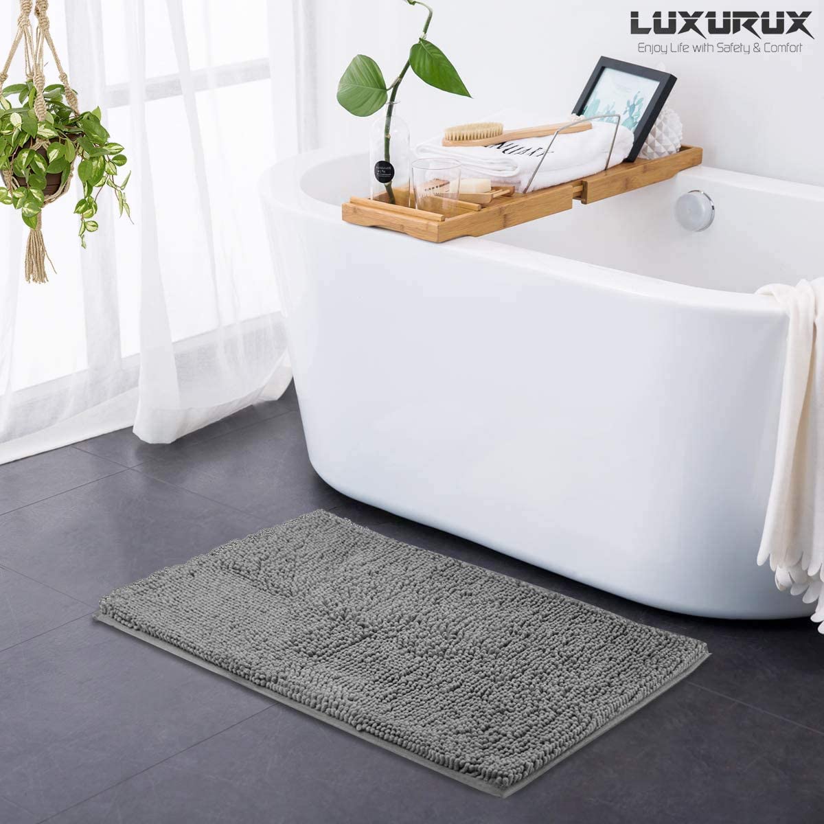 LuxUrux Bath Mat, Extra-Soft Plush Non-Slip Bathroom Rug, Luxury Chenille Microfiber Material, Super Absorbent Shaggy Bath Rug. Machine Wash & Dry (17 x 24, Light Grey)  - Very Good