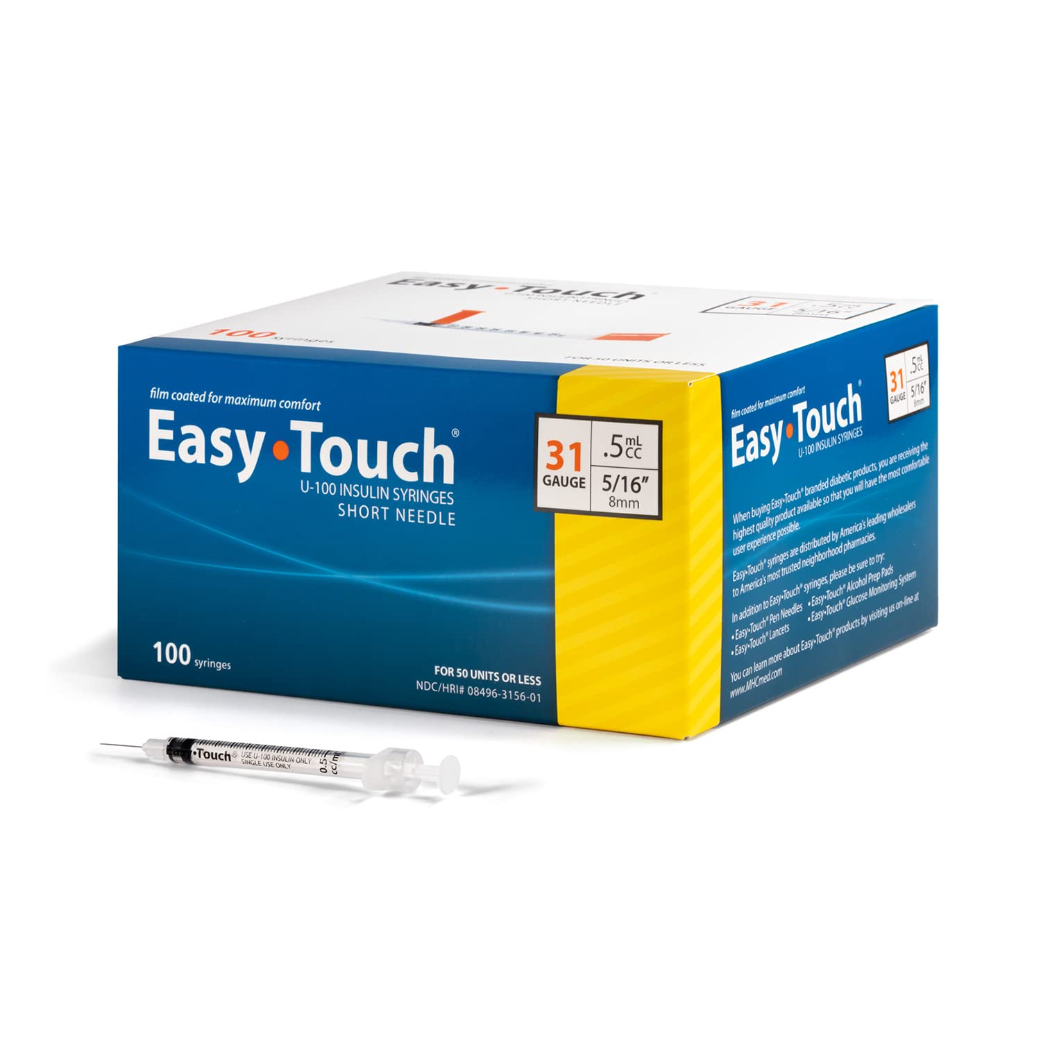EasyTouch U-100 Insulin Syringe with Needle, 31G 0.5cc 5/16-Inch (8mm), Box of 100