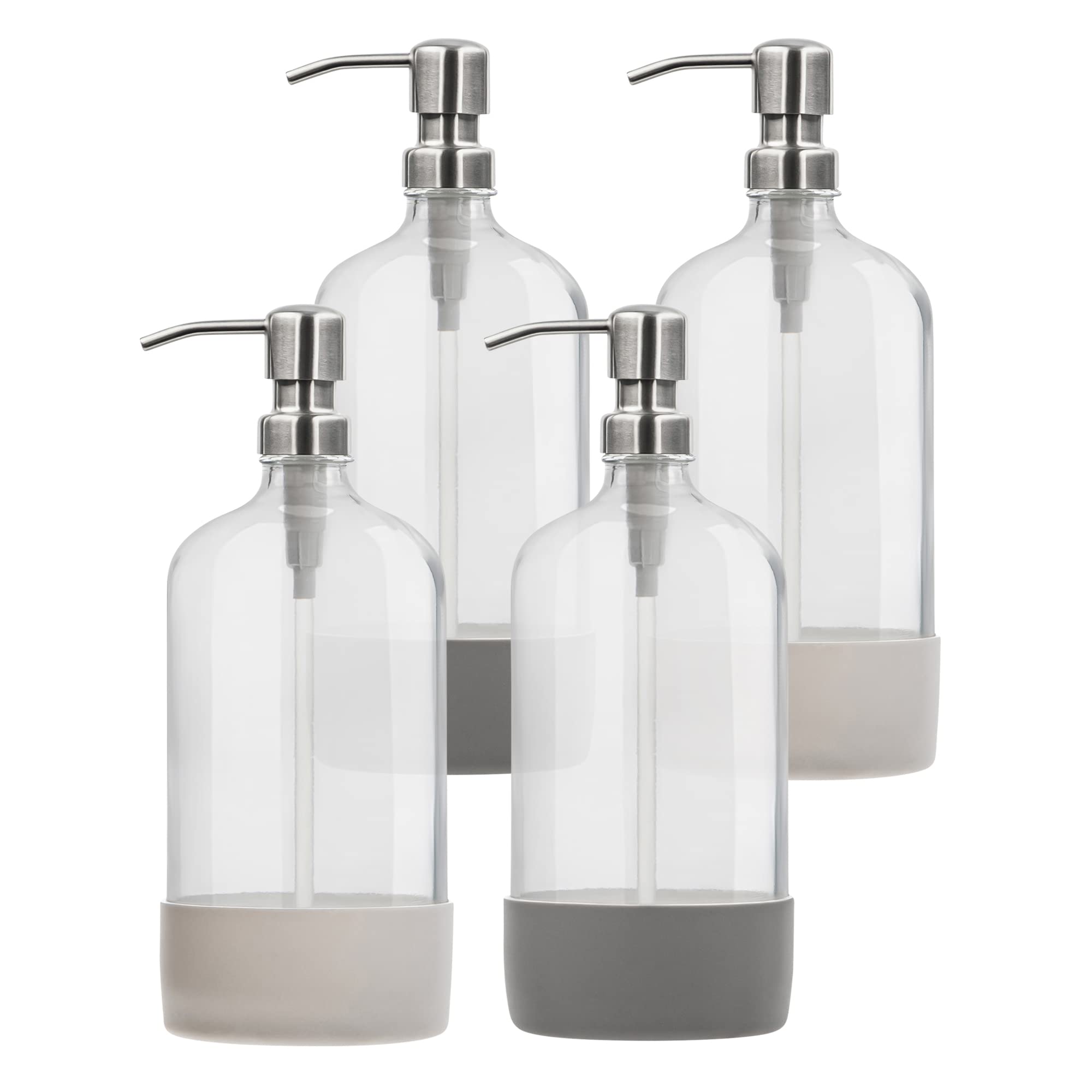 32 oz Glass Pump Bottle Rustproof Stainless Steel Pump, Funnel, and Lids. Modern Farmhouse Vintage Jar, Large Glass Shampoo Bottles with Pump and Laundry Soap Dispenser - Silver  - Like New