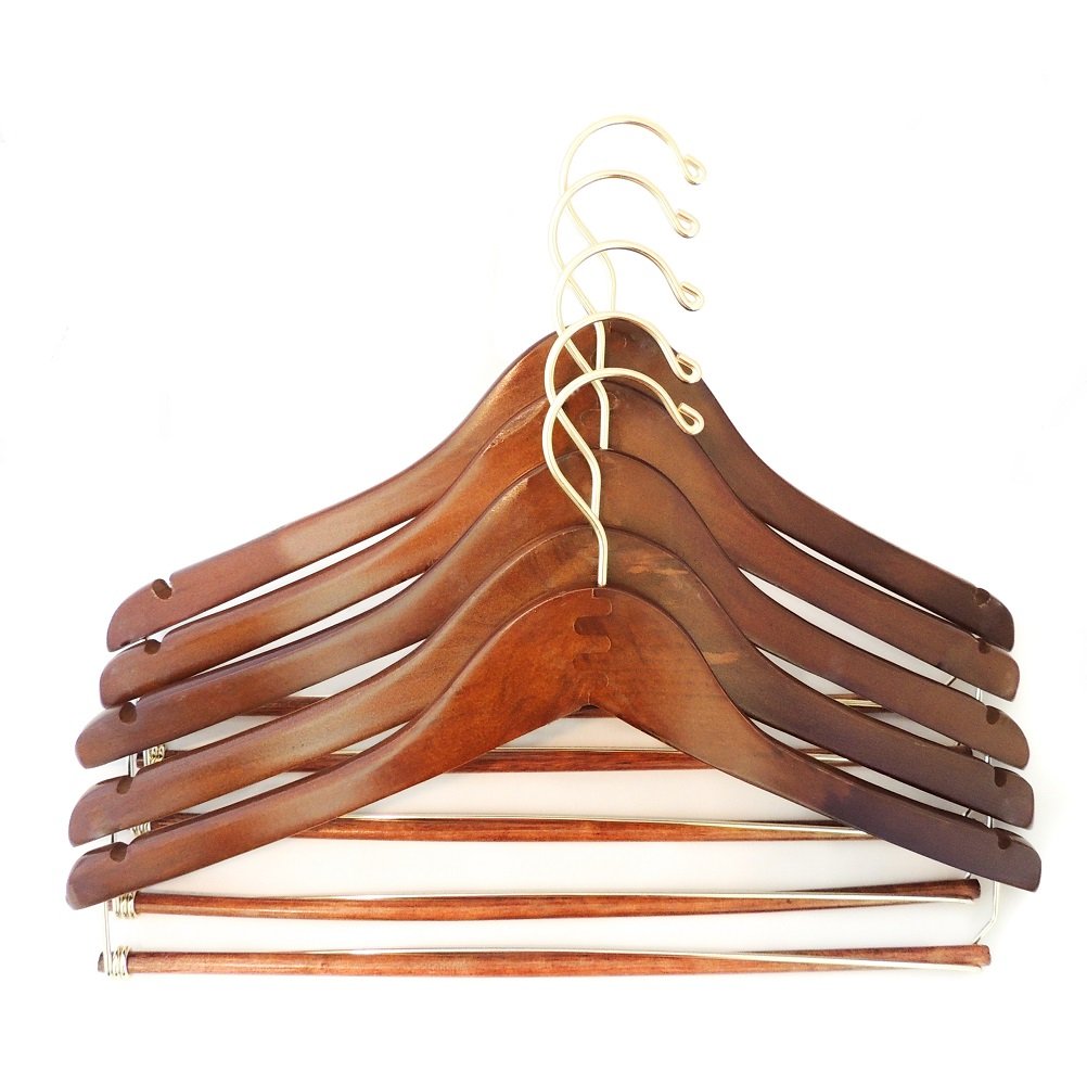 Quality Hangers Wooden Hangers Beautiful Sturdy Suit Coat Hangers with Locking Bar Gold Hooks  - Like New