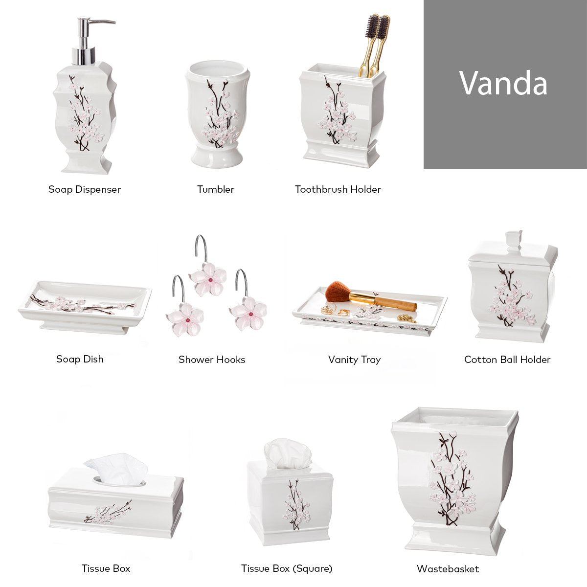 Creative Scents White Bathroom Accessories Set - Decorative 4 Piece Bathroom Set - Cherry Blossom Bathroom Accessory Set Includes: Soap Dispenser, Toothbrush Holder, Tumbler and Soap Dish (Vanda)  - Like New