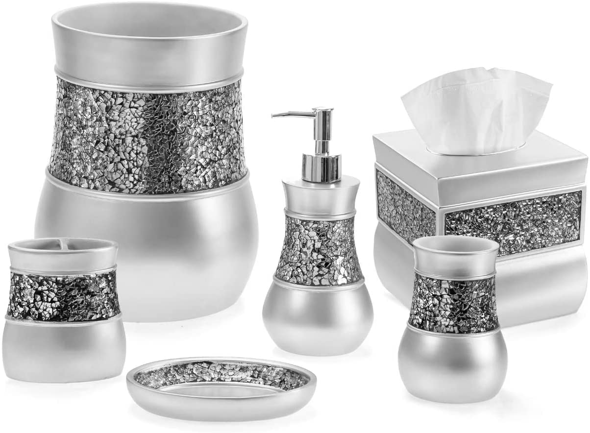 Creative Scents Silver Bathroom Accessories Set Complete - 6 Piece Mosaic Glass Bathroom Accessory Set Includes: Trash Can, Tissue Box Cover, Soap Dispenser, Toothbrush Holder, Soap Dish & Tumbler  - Like New