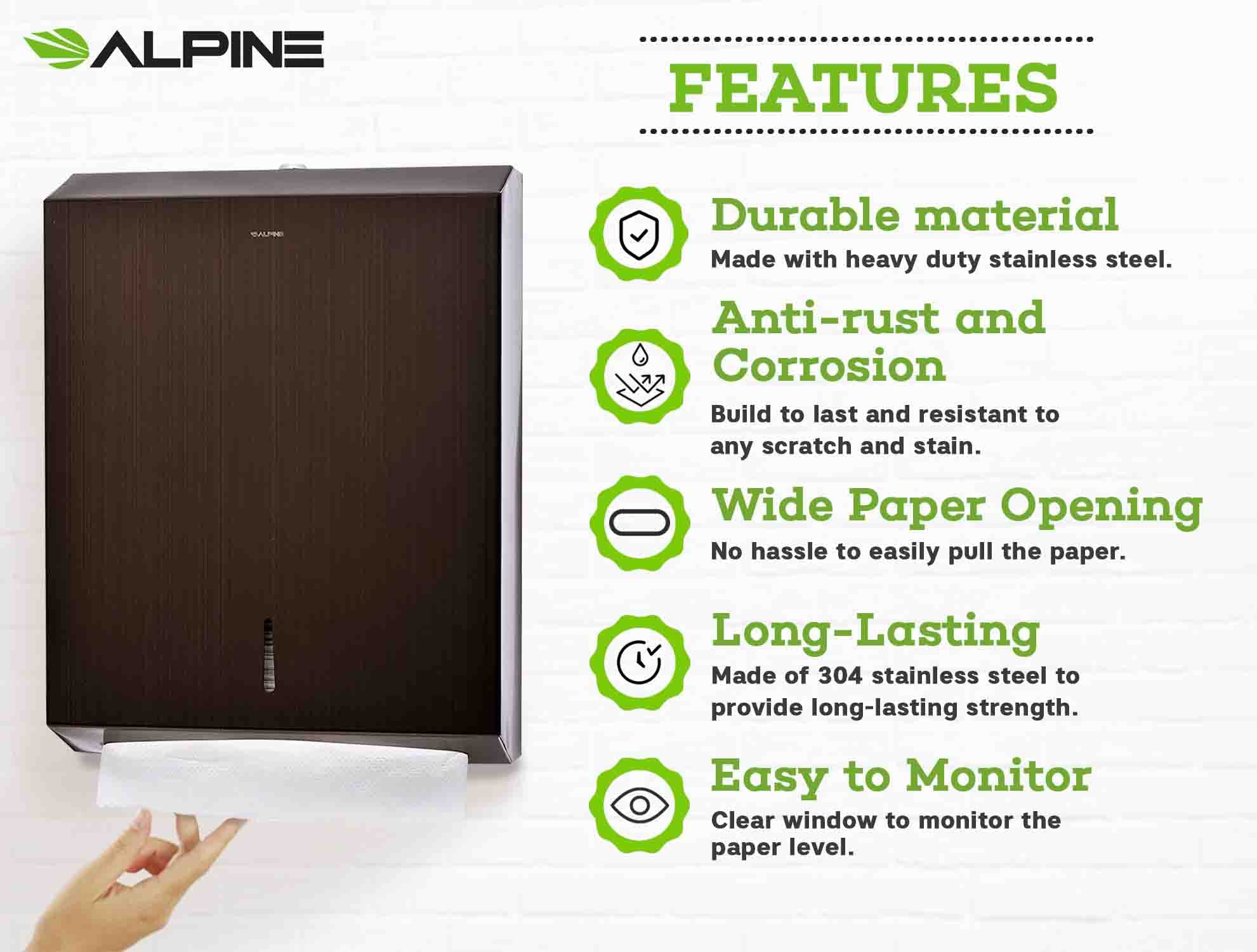 Alpine Industries C-Fold/Multifold Paper Towel Dispenser - Holds 400 C-Folds or 525 Multifold Tissues - Stainless Wall Mount Tissue Holder for Home & Office Countertop & Restroom  - Like New