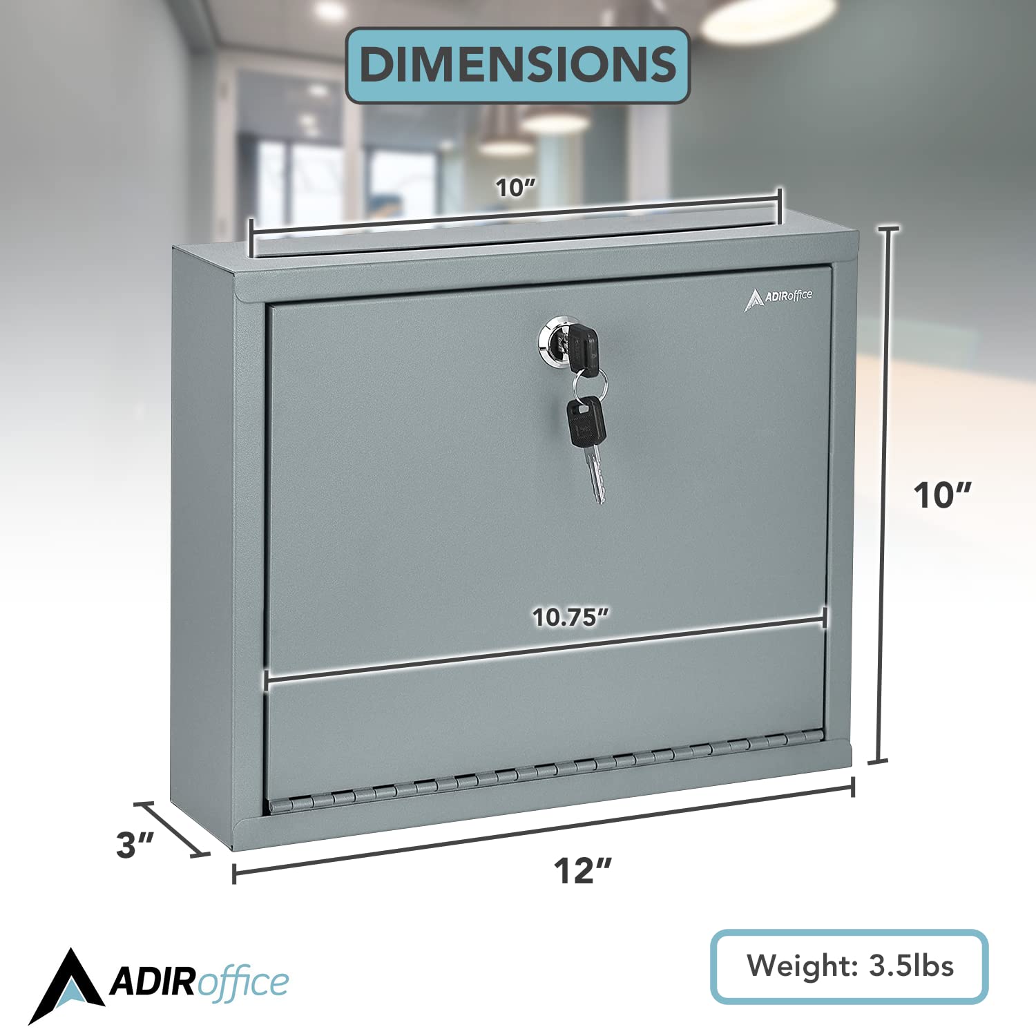 Adir Metal Suggestion Box with Lock and Slot, Wall Mount Deposit Box for Payments and Checks, Office Mail Box for Employees, Mailbox for House, Safe Drop Box with Keys - 3x10x12 Inch Gray  - Good