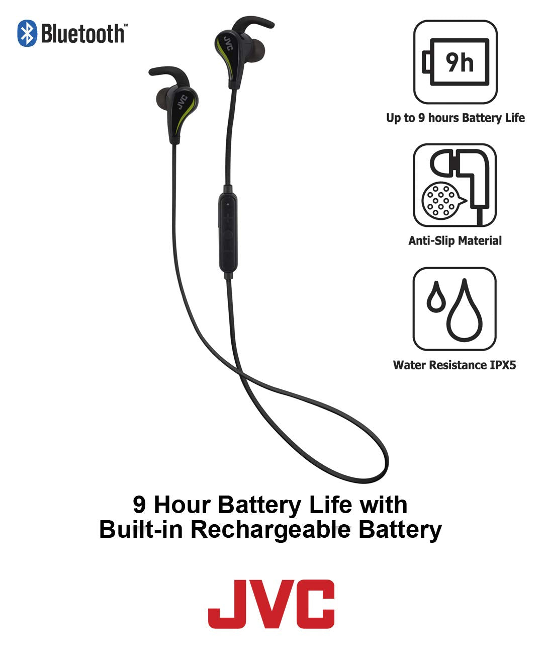 JVC Black and Yellow Wireless Water Resistant Pivot Motion Sport Headphone with Locking Ear Fit HA-ET50BTB  - Very Good