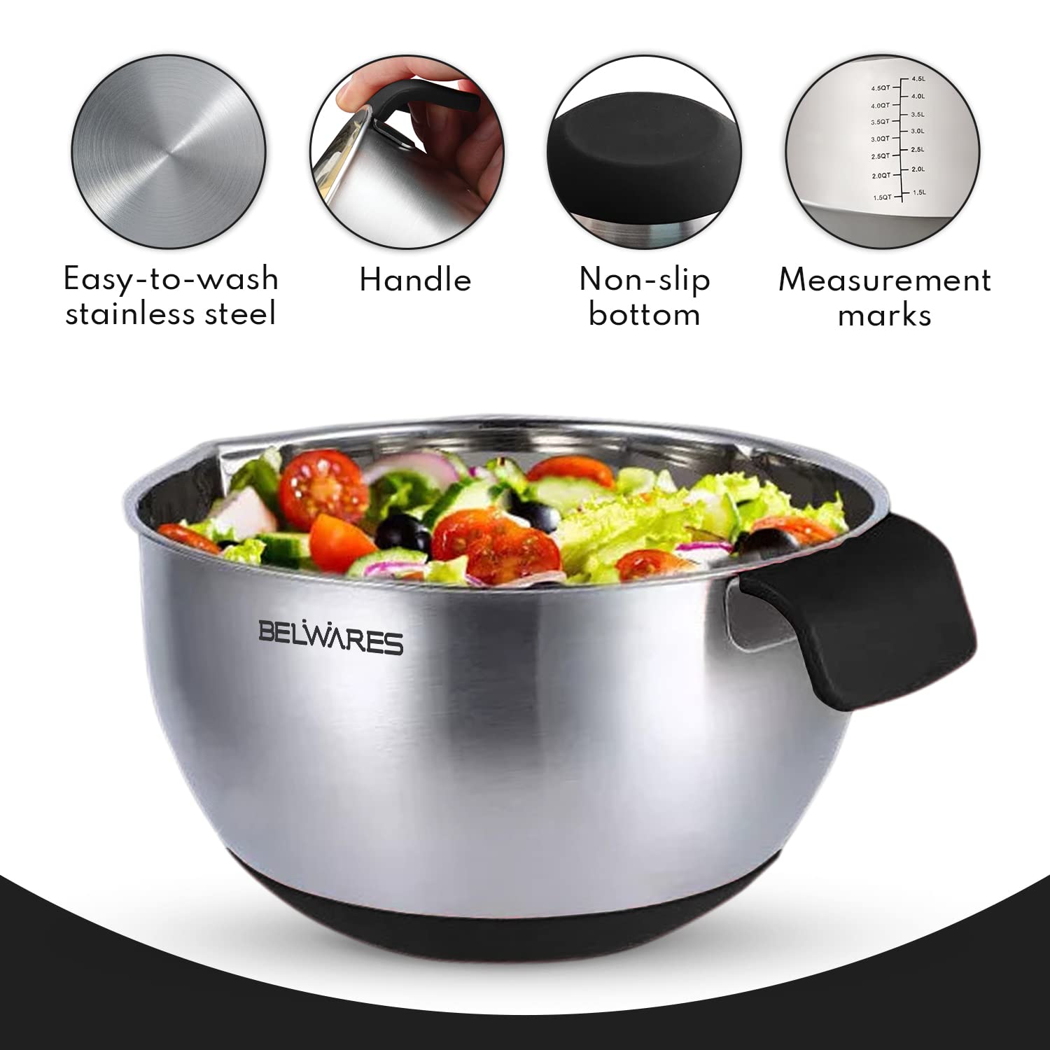 Belwares Mixing Bowls with Lids Set - Nesting Bowls with Graters, Handle, Pour Spout, Airtight Lids - Stainless Steel Non-Slip Mixing Bowl for Cooking, Baking, Prepping, Food Storage  - Good