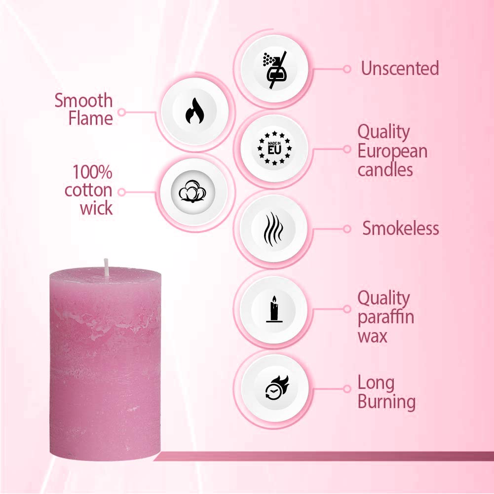 BOLSIUS Rustic Pink Unscented Pillar Candles -2" X 4" Decoration Candles Set of 4 - Clean Burning Dripless Dinner Candles for Wedding & Home Decor Party Restaurant Spa- Aprox (100X50m)  - Like New