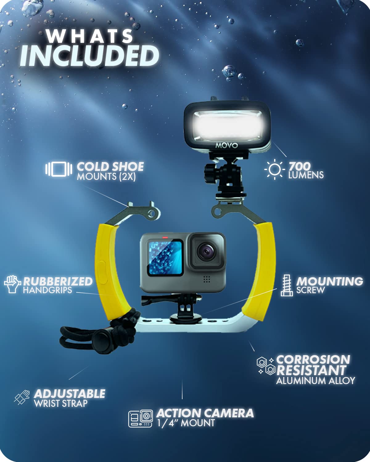 Movo DiveRig4 Diving Rig Bundle with Waterproof LED Light - Compatible with GoPro HERO3, HERO4, HERO5, HERO6, HERO7, HERO8, and DJI Osmo Action Cam - Scuba Accessories for Underwater Camera  - Acceptable