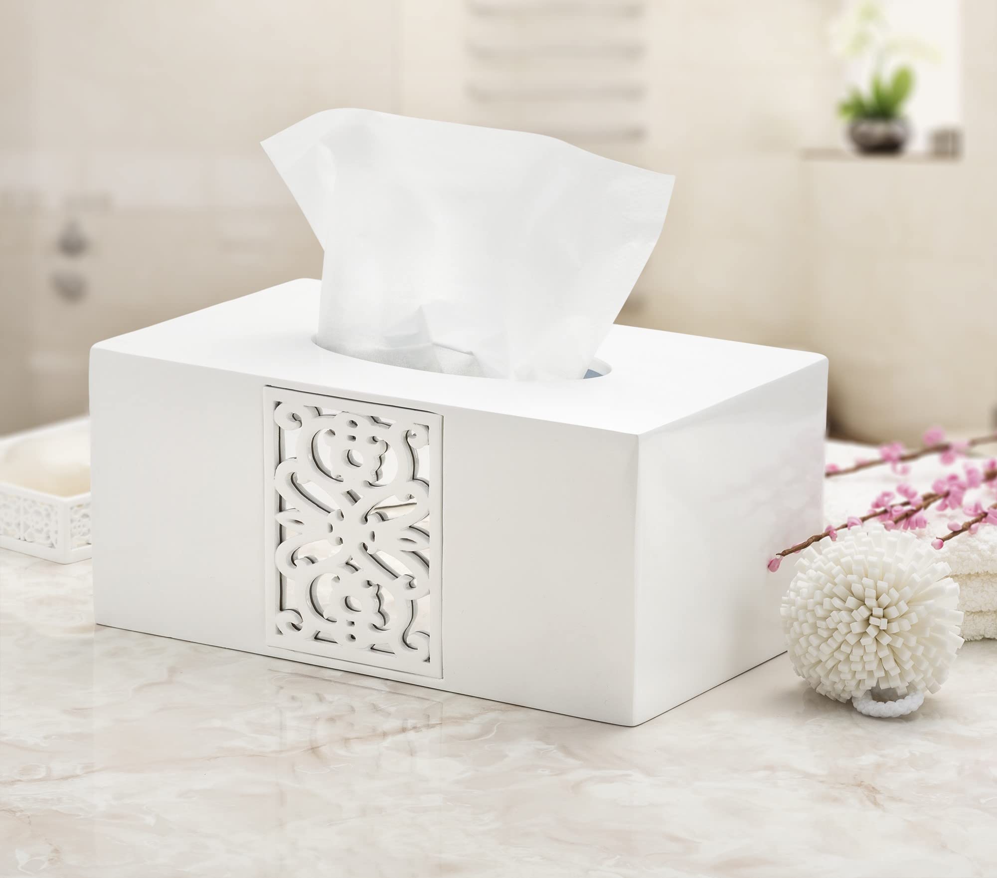 Creative Scents White Tissue Box Cover Rectangular - Decorative Tissue Box Holder for Bathroom with Durable Bottom Slider - Tissue Holder for Bathroom Made in Beautiful Mirror Janette Style  - Like New