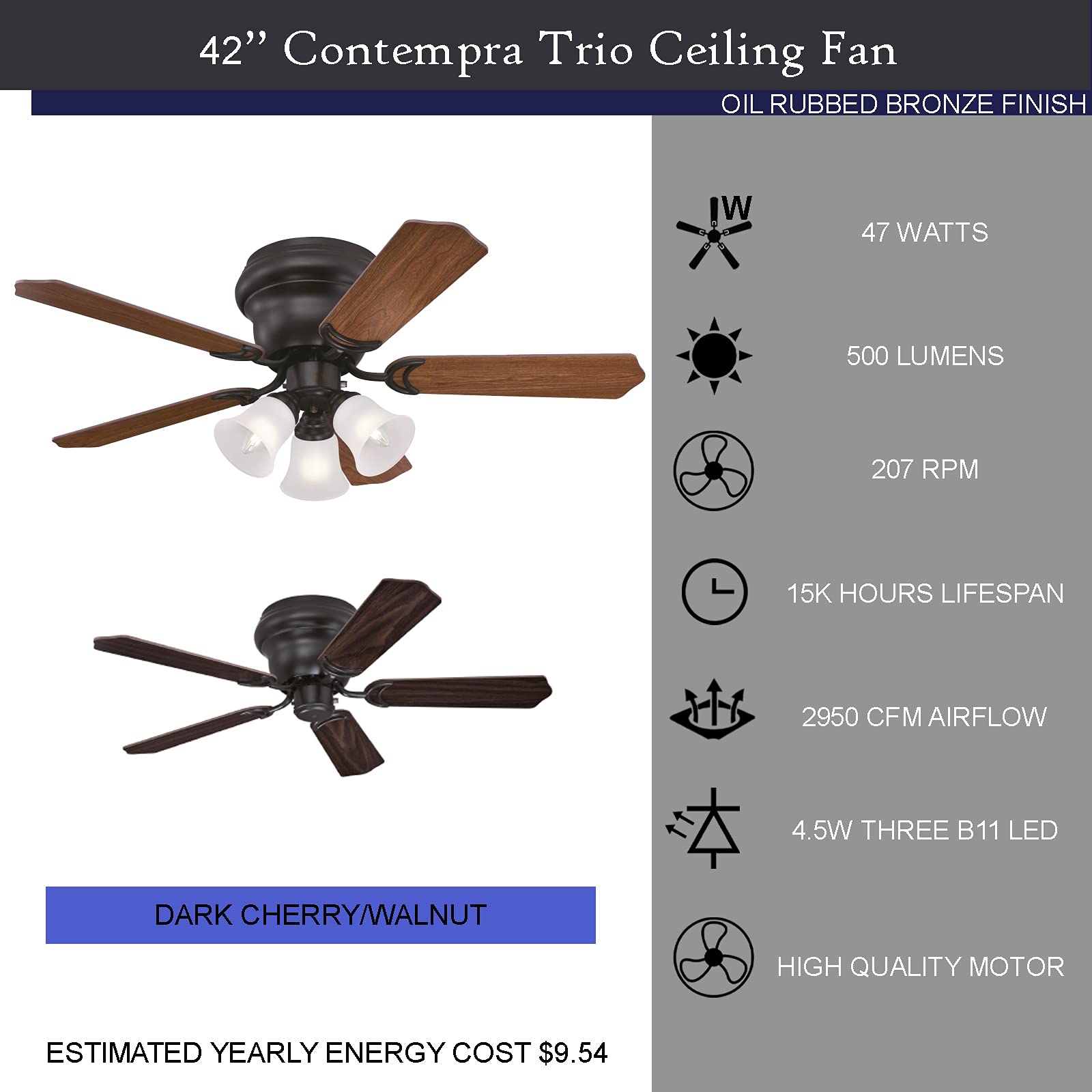 Ciata Lighting 42 Inch Contempra Trio Indoor Ceiling Fan with Dimmable LED Light Fixture in Frosted Glass with Reversible Blades  - Like New